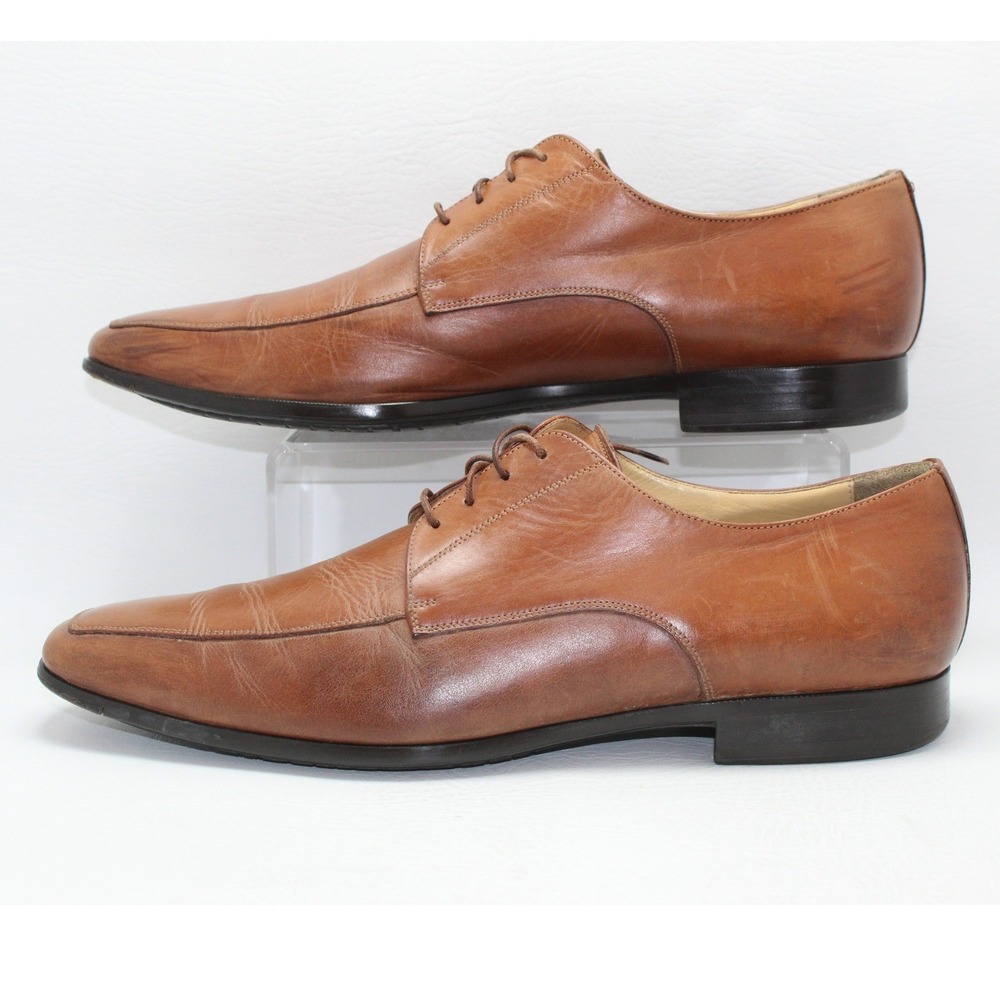 Santoni Mens Tan Brown Leather Lace Up Square Toe Derby Dress Shoes Italy 11 D